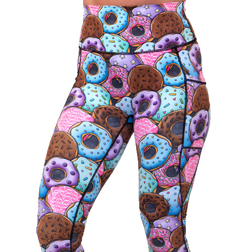 close up of the donut patterned leggings
