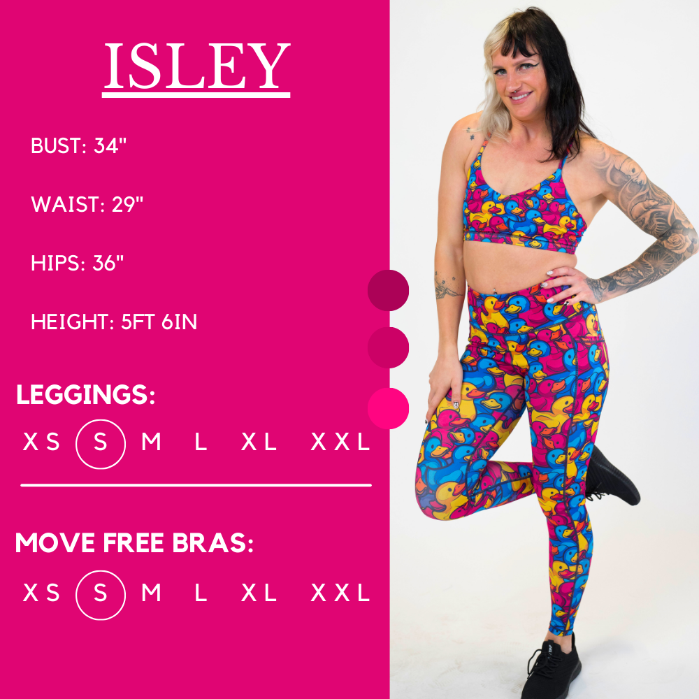 Model’s measurements of 34” bust, 29” waist, 36” hips and height of 5 ft 6 inches. She is wearing a size small in our leggings