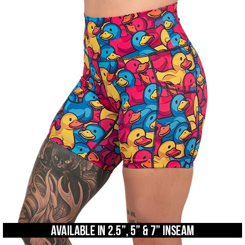 rubber duck print shorts available in 2.5, 5 & 7 inch inseams