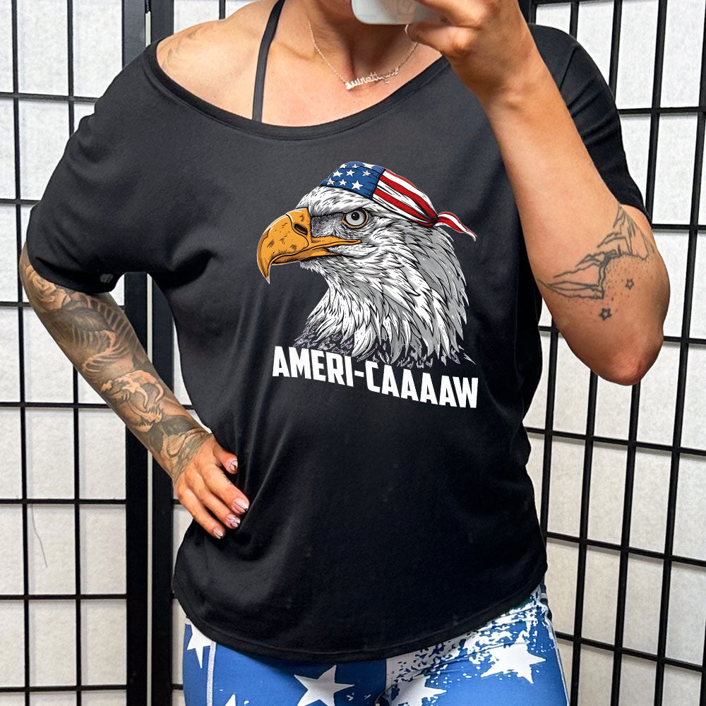 black slouchy shirt with an eagle and the saying "ameri-caaaaw"