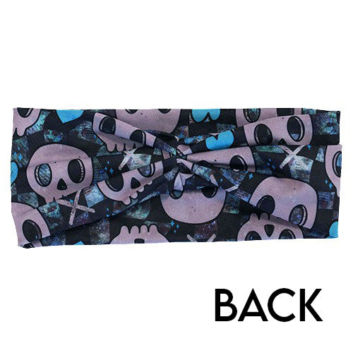 back of the blue hearts and skulls patterned headband