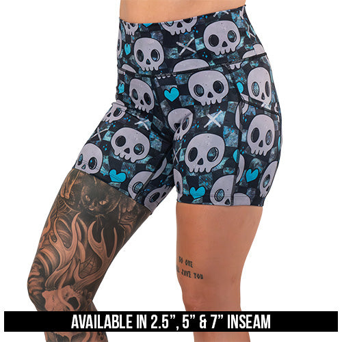 blue hearts and skulls patterned shorts  available lengths