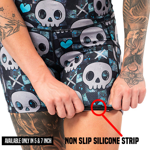 non slip strip on the blue hearts and skulls patterned shorts 