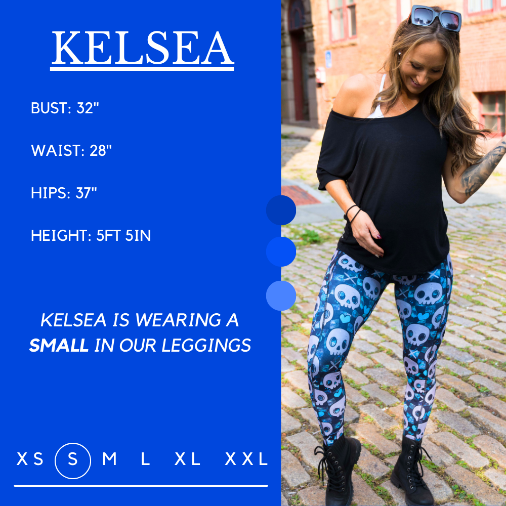 Model’s measurements of 32” bust, 28” waist, 37” hips and height of 5 ft 5 inches. She is wearing a size small in our leggings