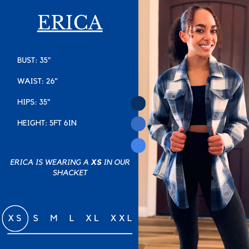 Model’s measurements of 35” bust, 26” waist, 35” hips and height of 5 ft 6 inches. She is wearing a size xs in our shacket