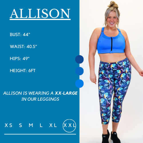 Model's measurements of 44 inch bust, 40.5 inch waist, 49 inch hips, and height of 6 foot. She is wearing a size xx-large in our leggings