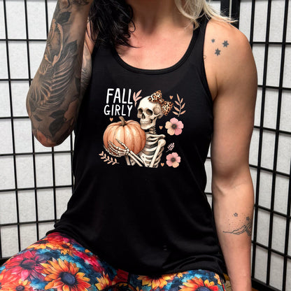 black shirt with a skeleton and the quote "fall girly" on it