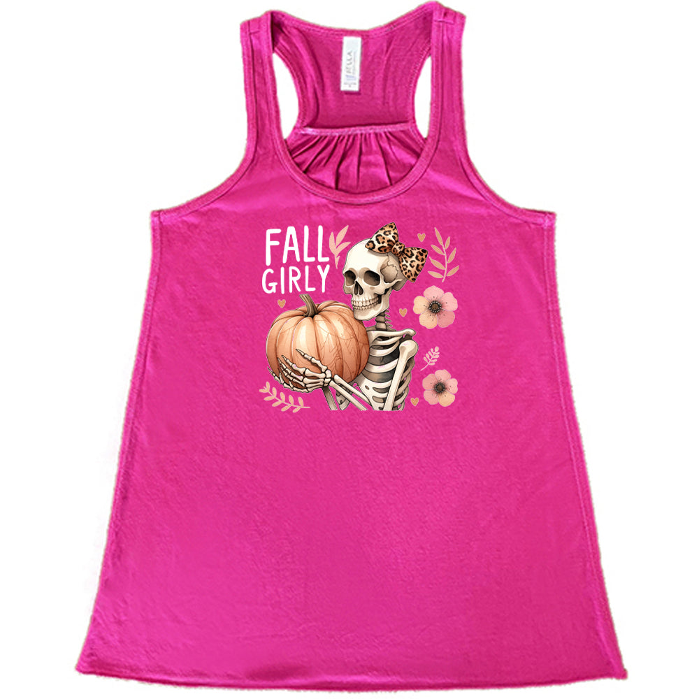 berry shirt with a skeleton and the quote "fall girly" on it