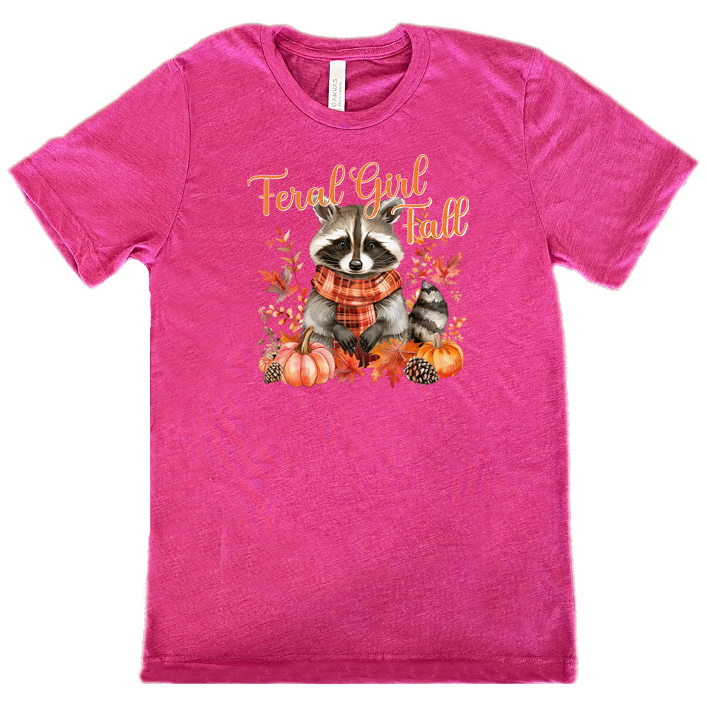 berry "Feral Girl Fall" with a raccoon graphic on it shirt