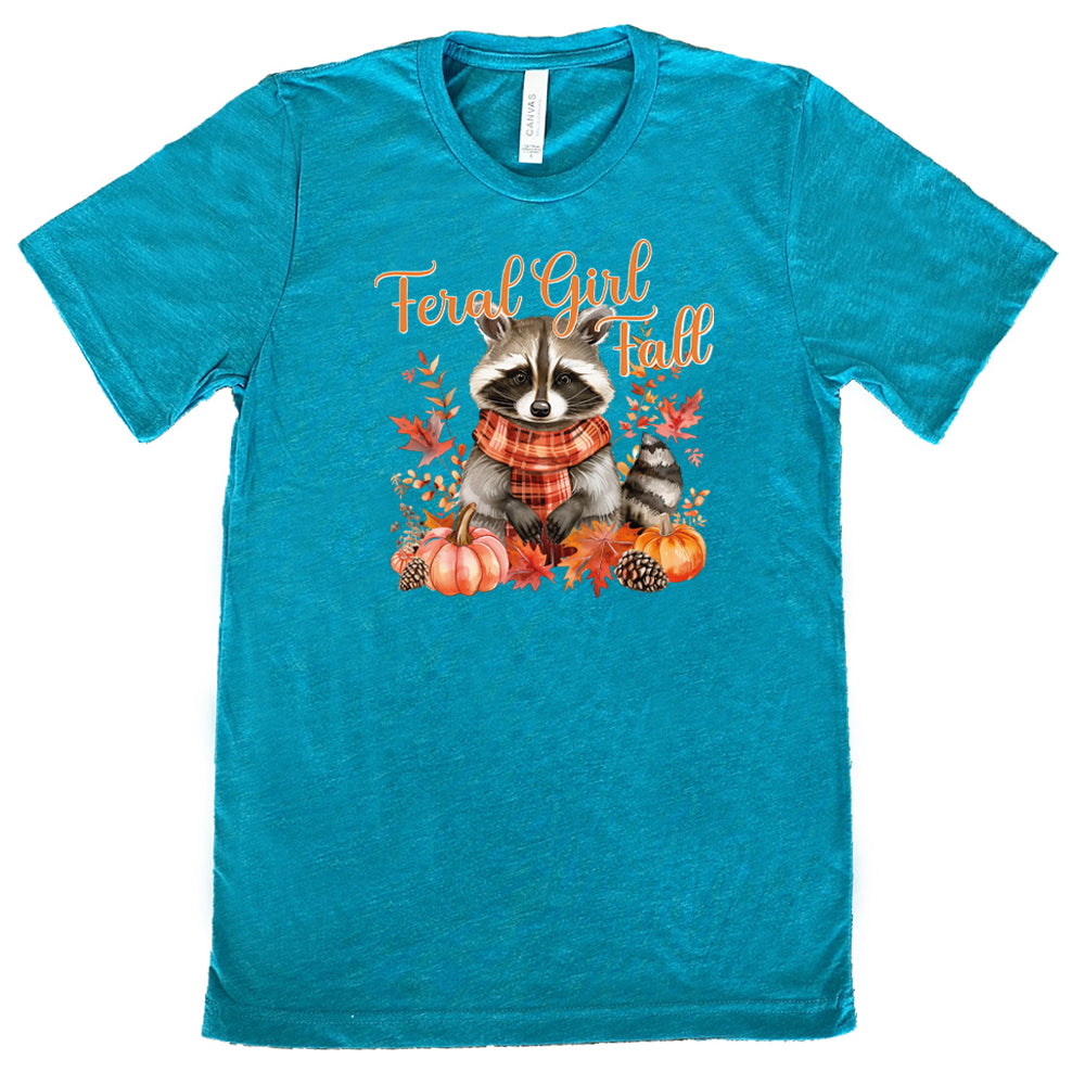 teal "Feral Girl Fall" with a raccoon graphic on it shirt