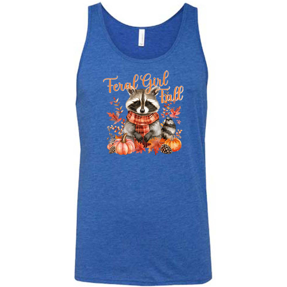 blue "Feral Girl Fall" with a raccoon graphic on it shirt