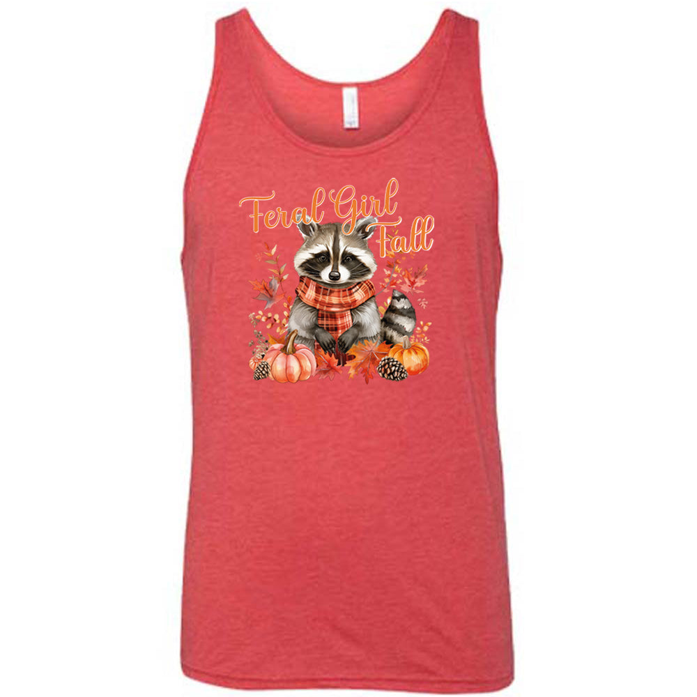 red "Feral Girl Fall" with a raccoon graphic on it shirt