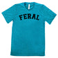 teal shirt with the word "feral" in the middle of it