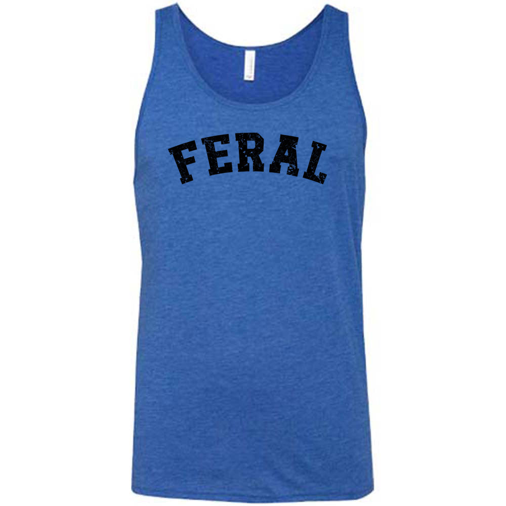 blue shirt with the word "feral" in the middle of it