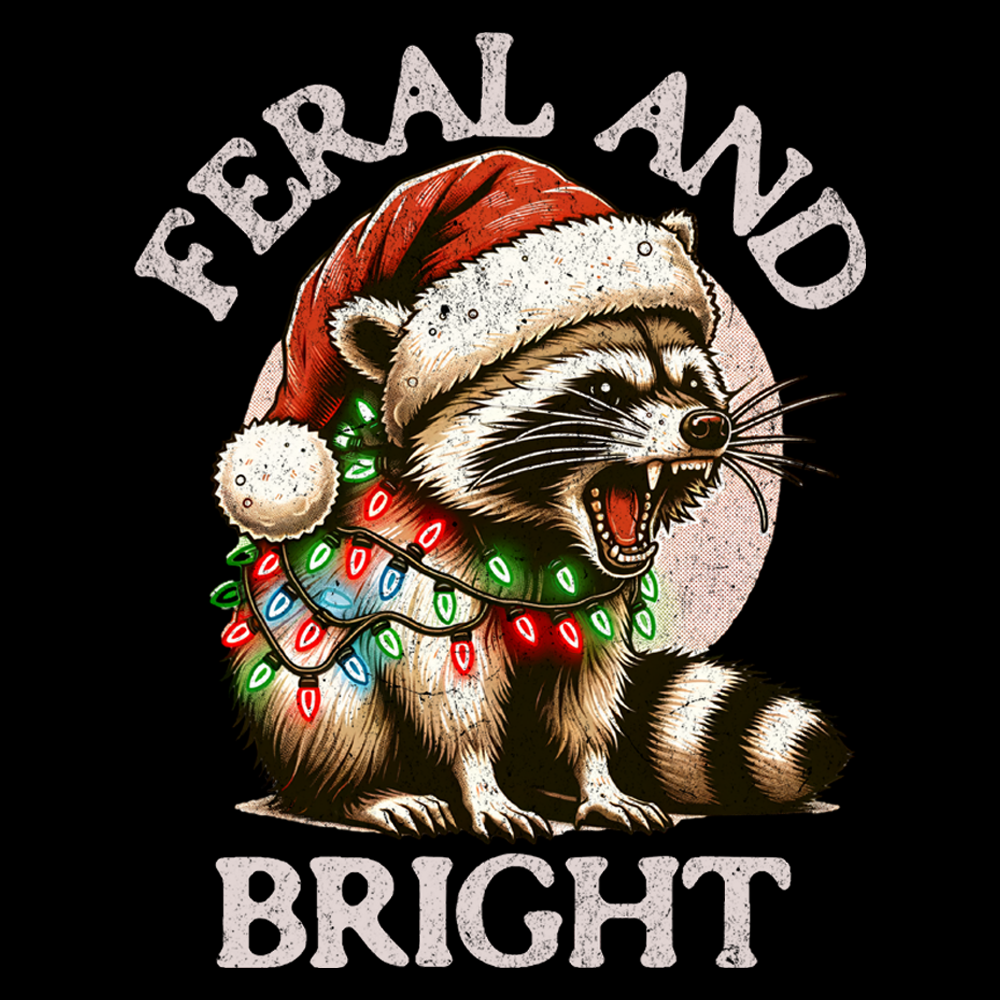 Feral and bright raccoon with christmas lights and santa hat