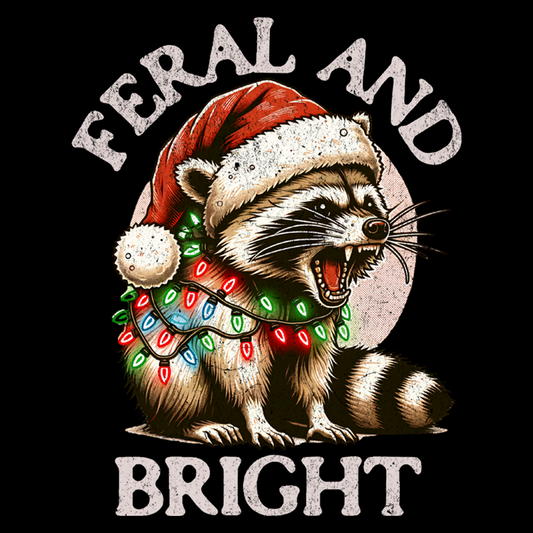 Feral and bright raccoon with christmas lights and santa hat