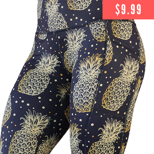 $9.99 black leggings with gold pineapple pattern