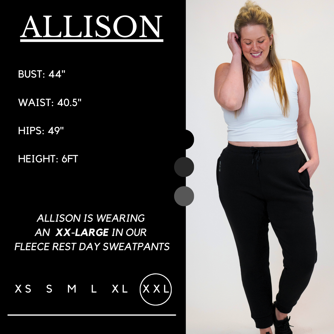 Model’s measurements of 44” bust, 40.5” waist, 49” hips and height of 6 ft. She is wearing a size xx-large in our leggings