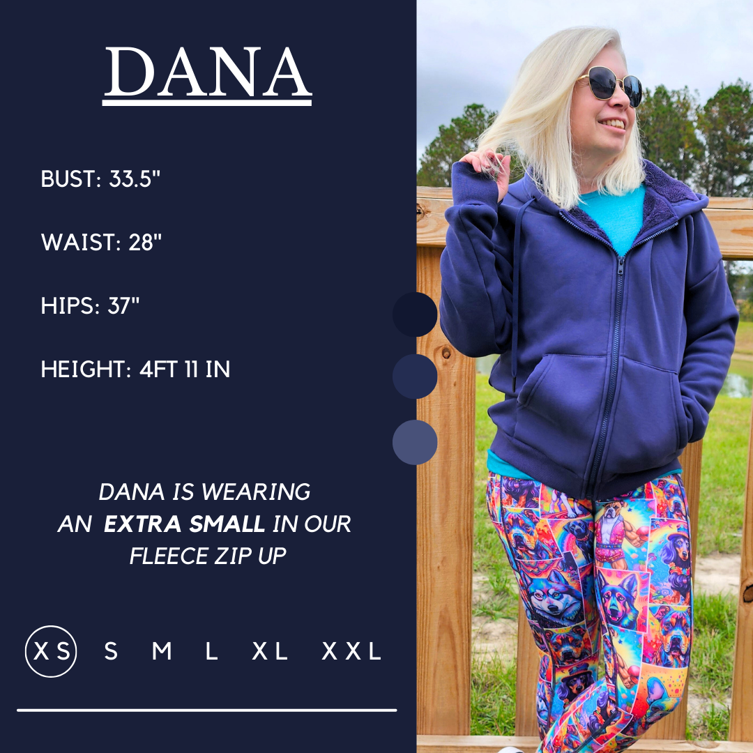 Model’s measurements of 33.5” bust, 28” waist, 37” hips and height of 4 ft 11 inches. She is wearing a size extra small in our fleece zip up