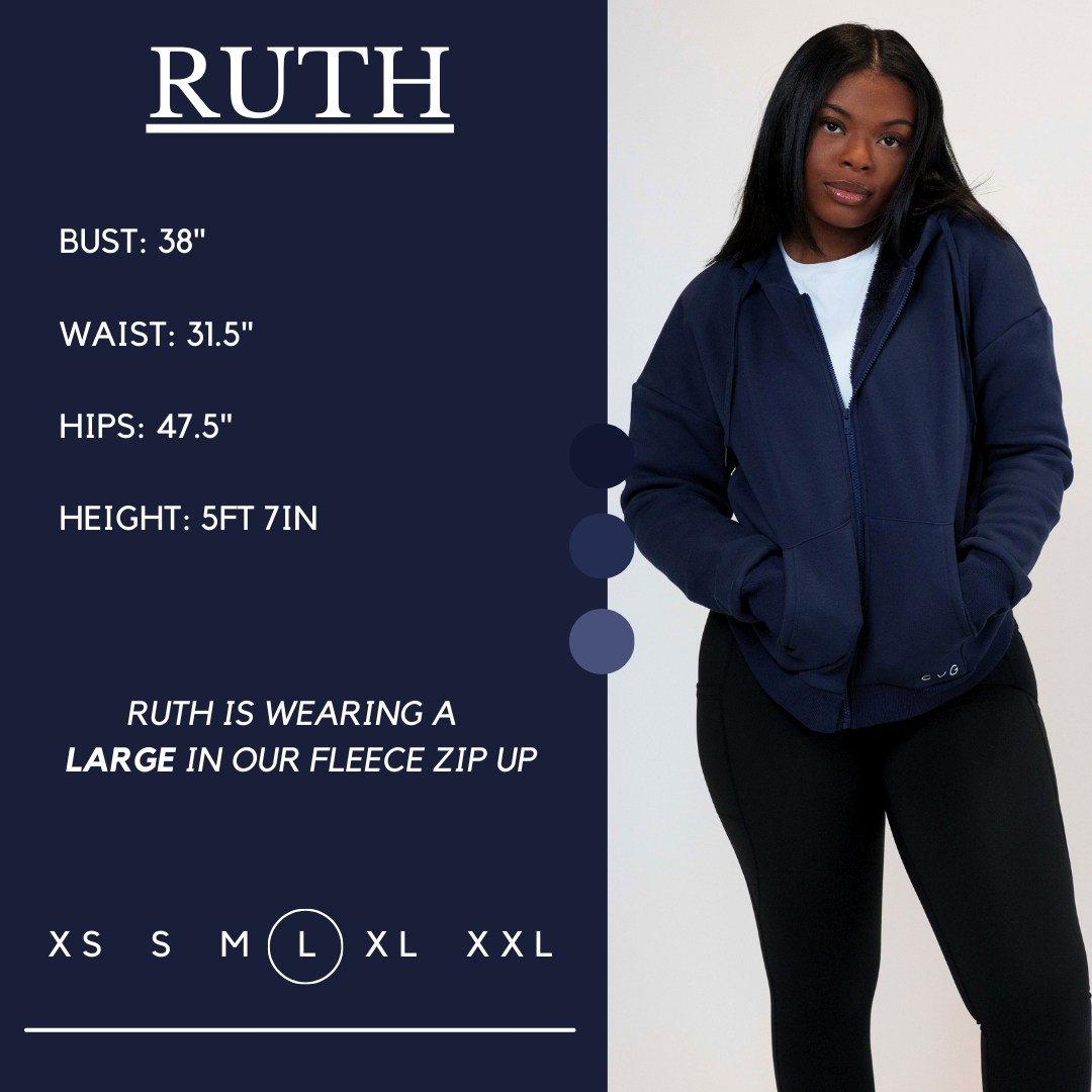 Model’s measurements of 38” bust, 31.5” waist, 47.5” hips and height of 5 ft 7 inches. She is wearing a size large in our fleece zip up