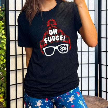 black shirt with the text "Oh Fudge" on it