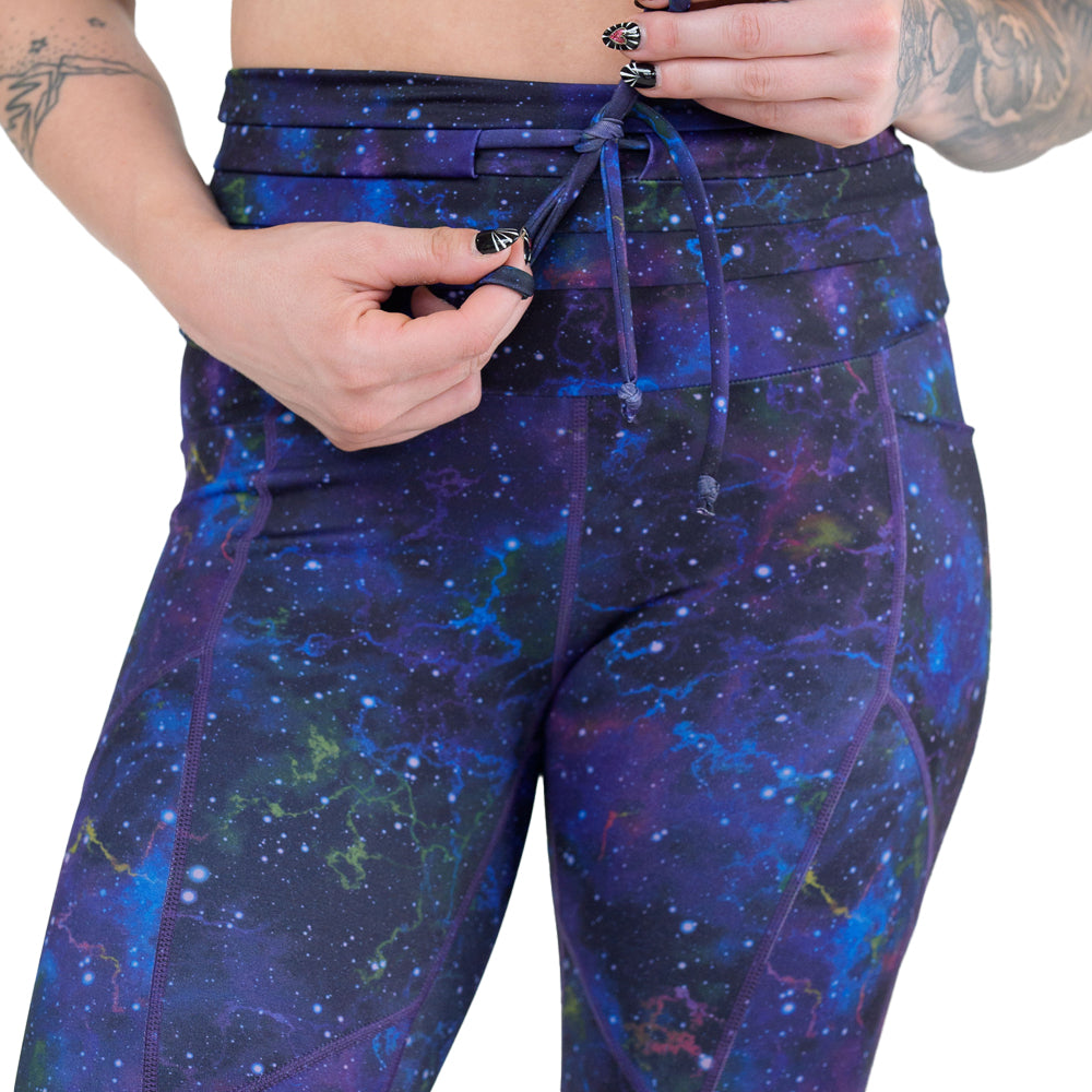 drawstring waistband on the galaxy patterned leggings