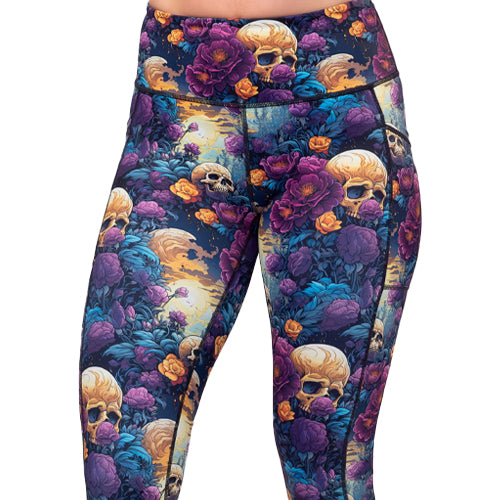 close up of the skull and flower leggings