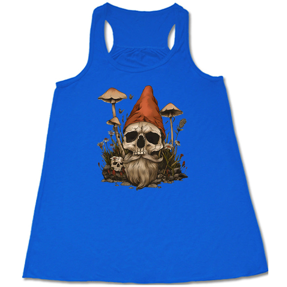 blue shirt with a gnome skull graphic in the center