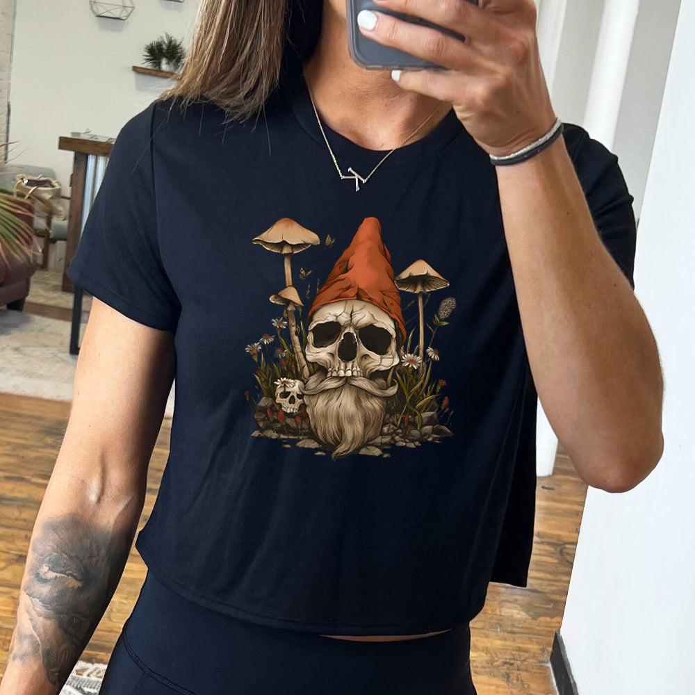 black cropped tee with a gnome skull graphic in the center