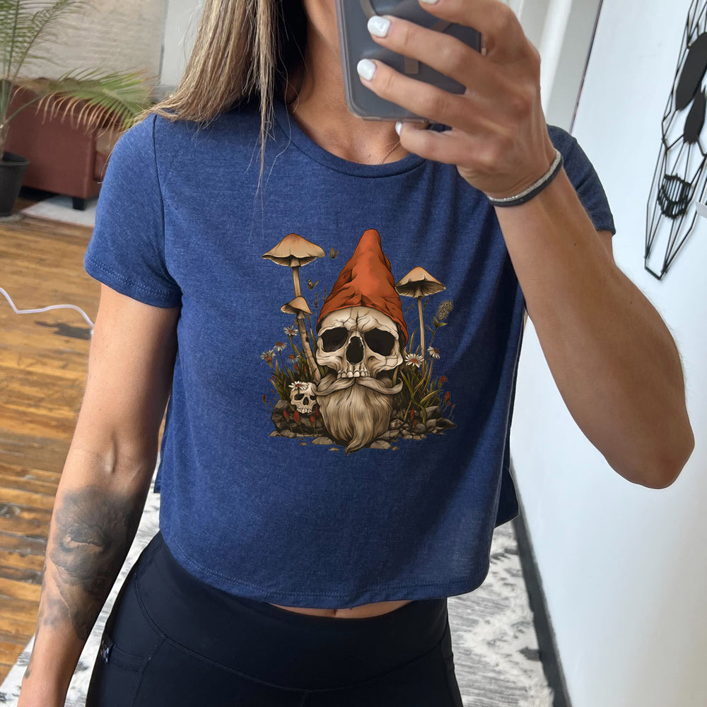 navy blue cropped tee with a gnome skull graphic in the center