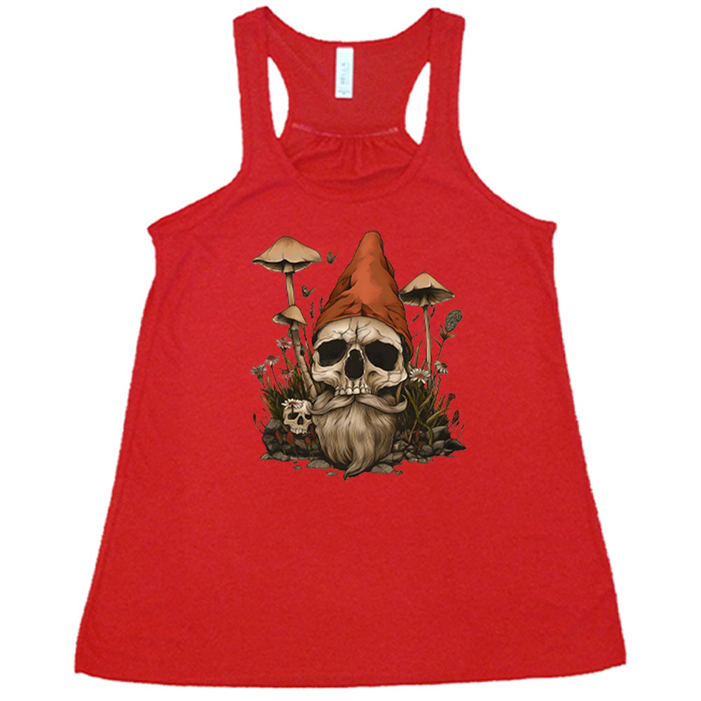 red shirt with a gnome skull graphic in the center