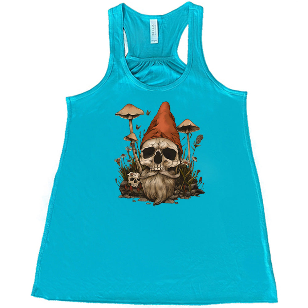 teal shirt with a gnome skull graphic in the center