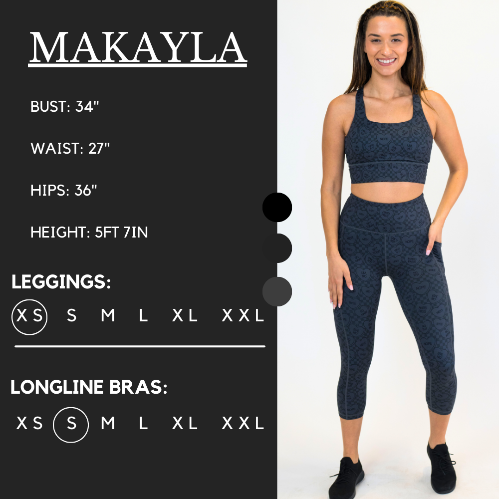 Model’s measurements of 34” bust, 27” waist, 36” hips and height of 5 ft 7 in. She is wearing a size x-small in our leggings and a size small in our longline bra