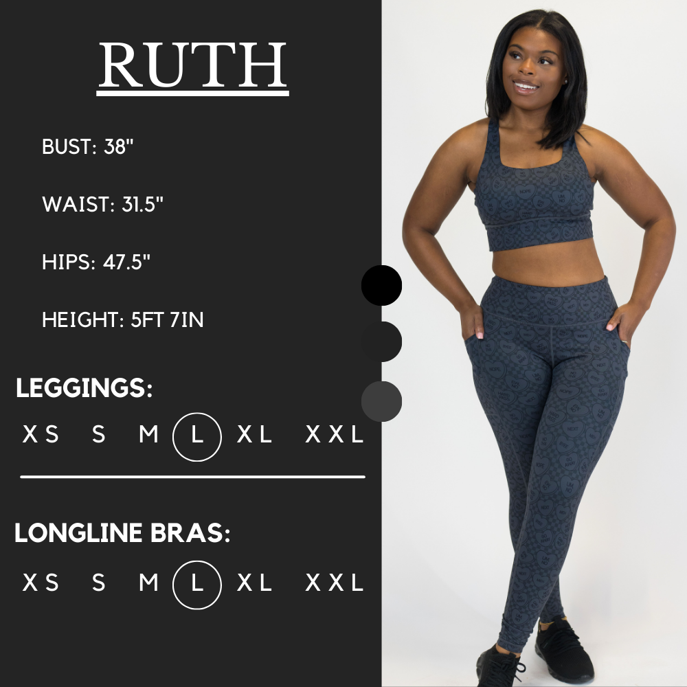 Model’s measurements of 38” bust, 31.5” waist, 47.5” hips and height of 5 ft 7 inches. She is wearing a size large in our leggings and a large in our longline bras