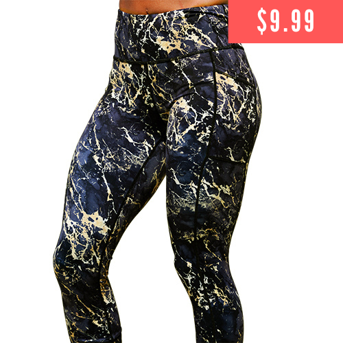 $9.99 black leggings with gold marble print detail