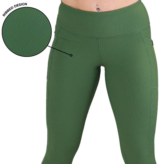 close up of the ribbed texture on the green ribbed leggings