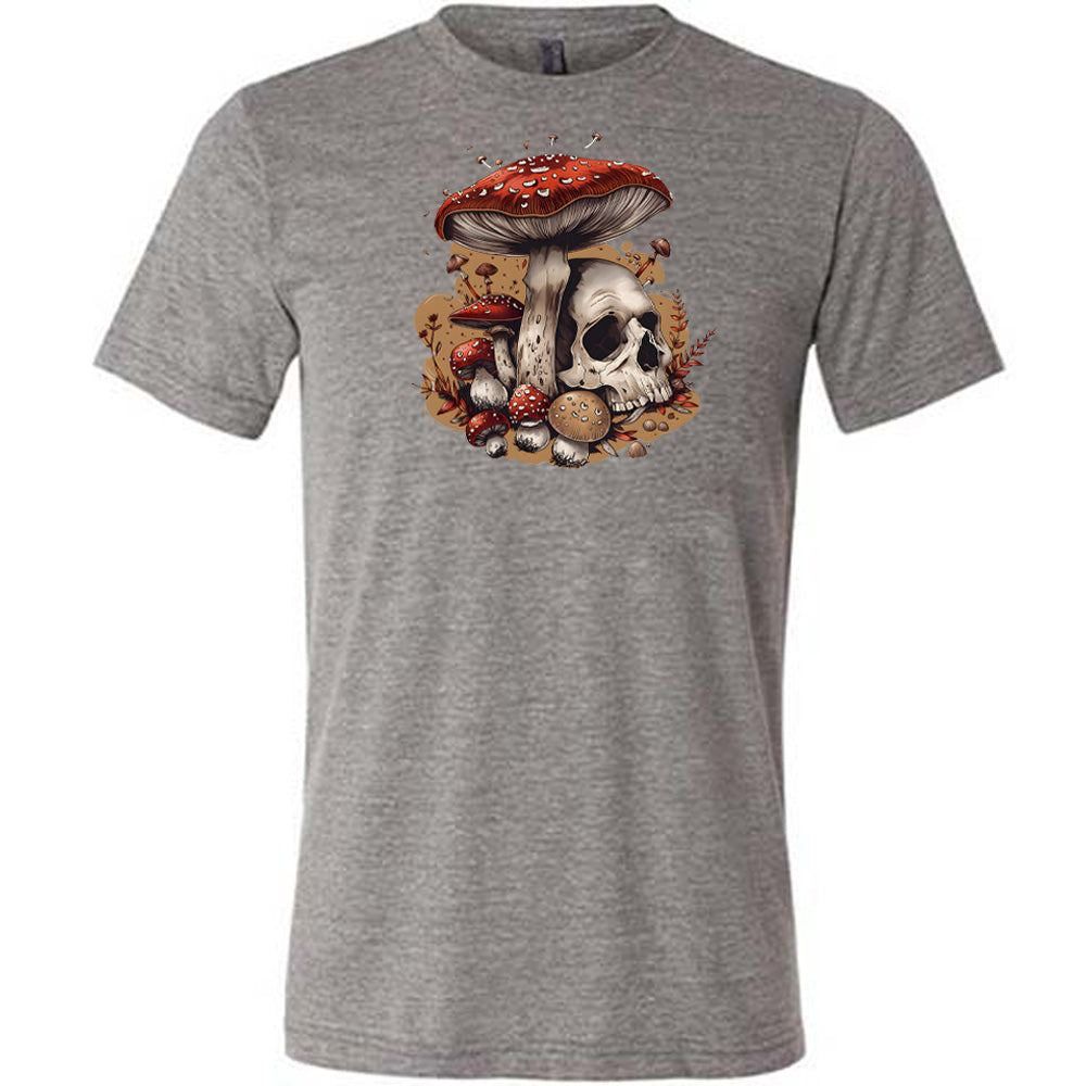 grey shirt with a mushroom skull graphic in the middle