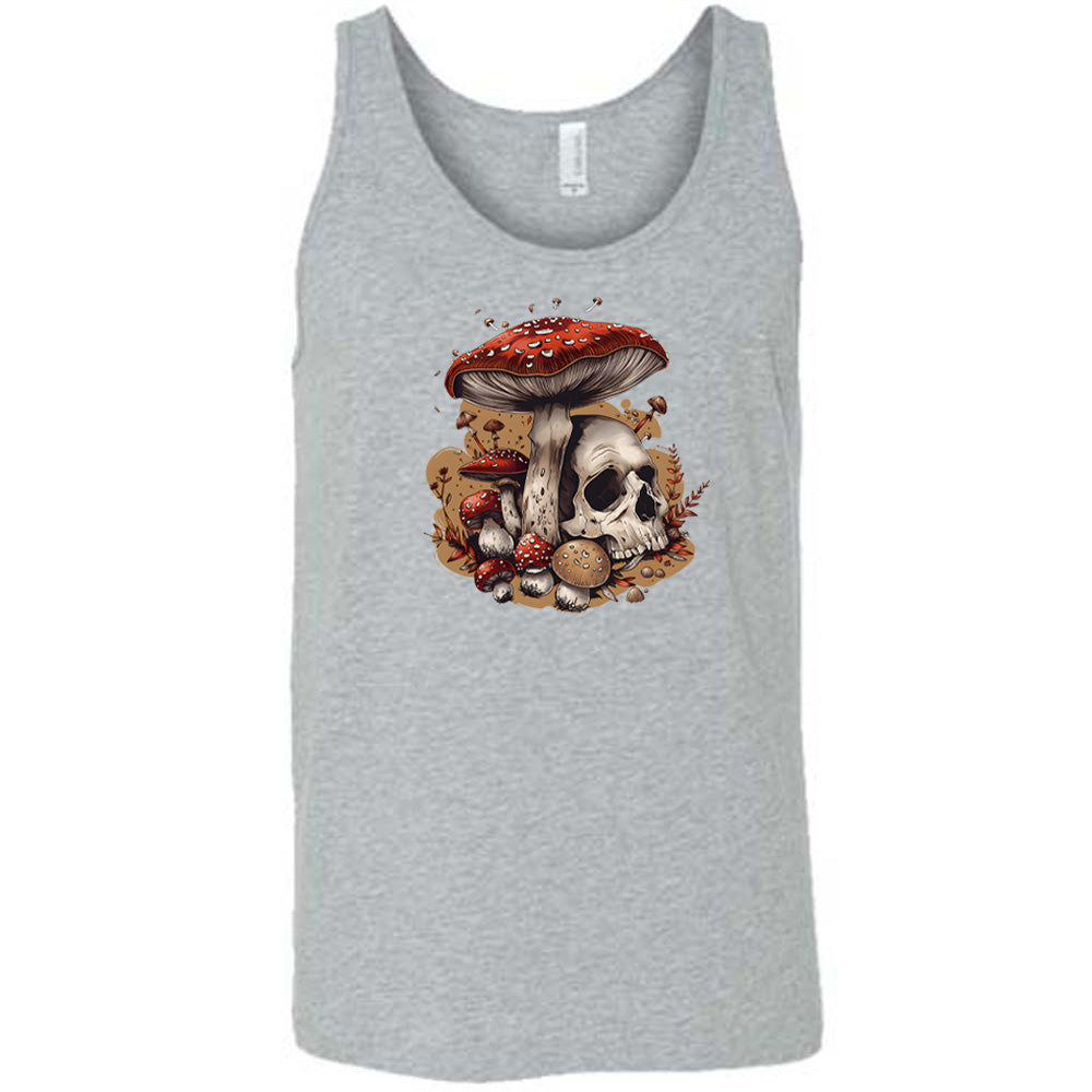 grey shirt with a mushroom skull graphic in the middle