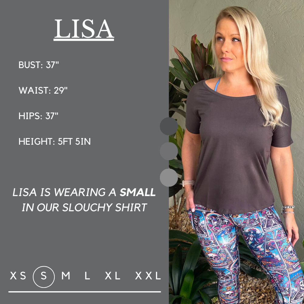 Model’s measurements of 37” bust, 29” waist, 37” hips and height of 5 ft 5 inches. She is wearing a size small in our slouchy tee