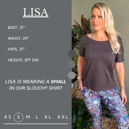 Model’s measurements of 37” bust, 29” waist, 37” hips and height of 5 ft 5 inches. She is wearing a size small in our slouchy tee