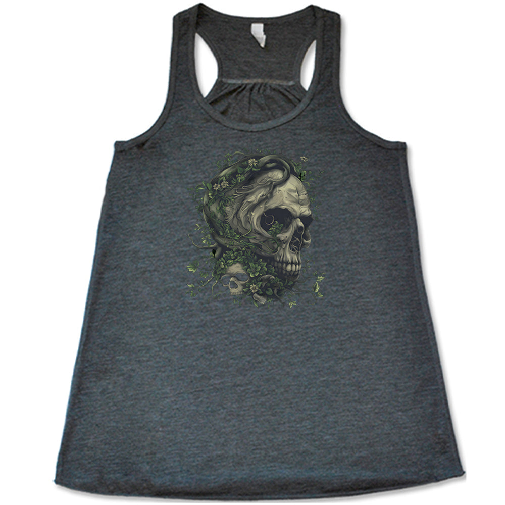 grey shirt with a tree skull graphic in the middle