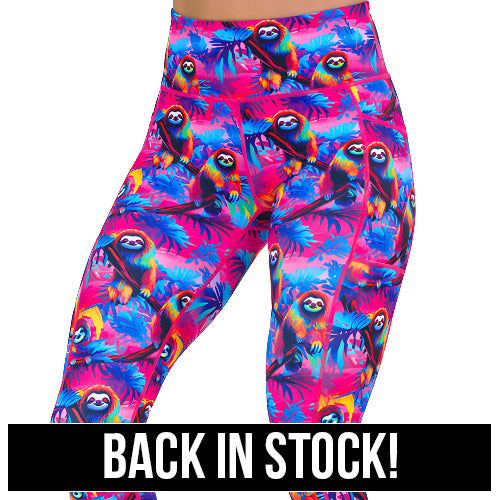 colorful sloth patterned leggings back in stock