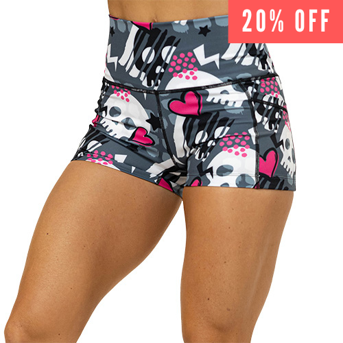 20% off skull and heart patterned shorts