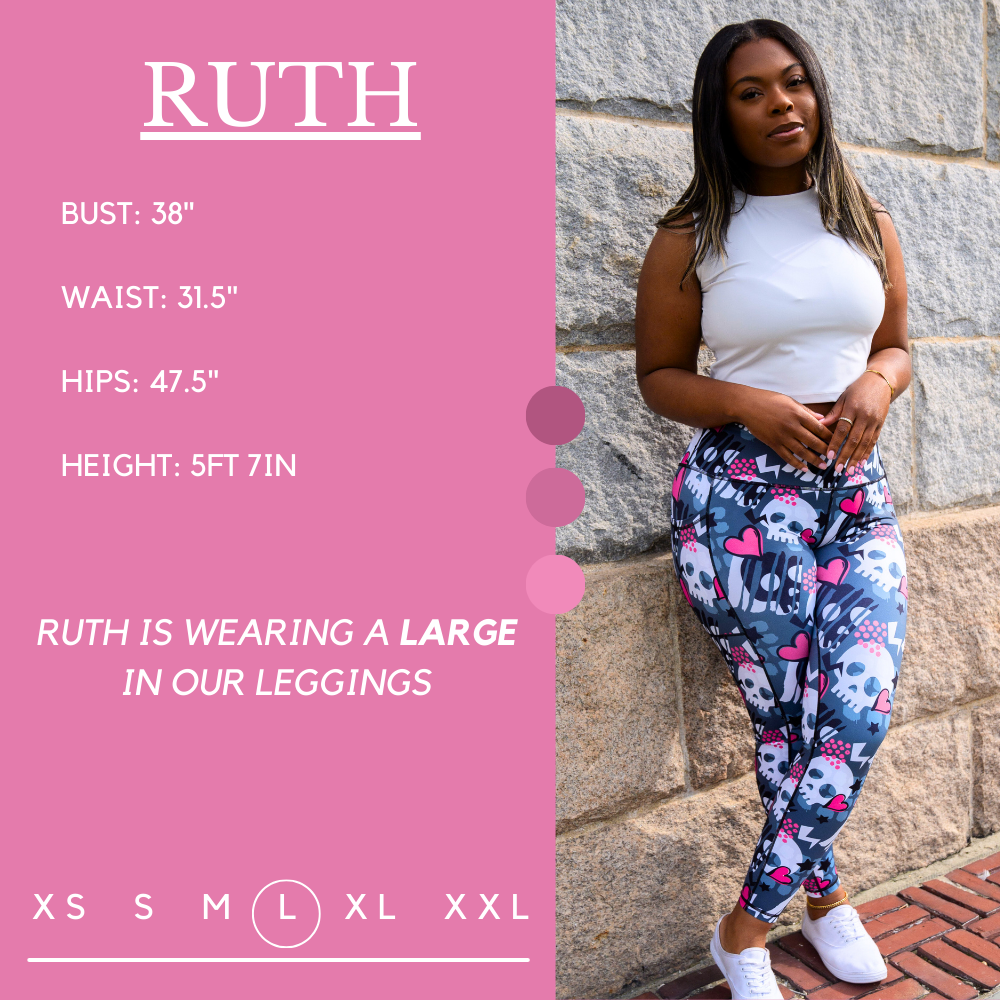 Model’s measurements of 38” bust, 31.5” waist, 47.5” hips and height of 5 ft 7 inches. She is wearing a size large in our leggings