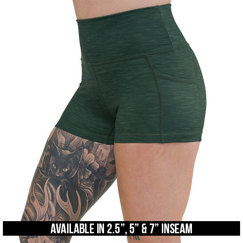 heather green shorts available in 2.5, 5 & 7 inch inseams