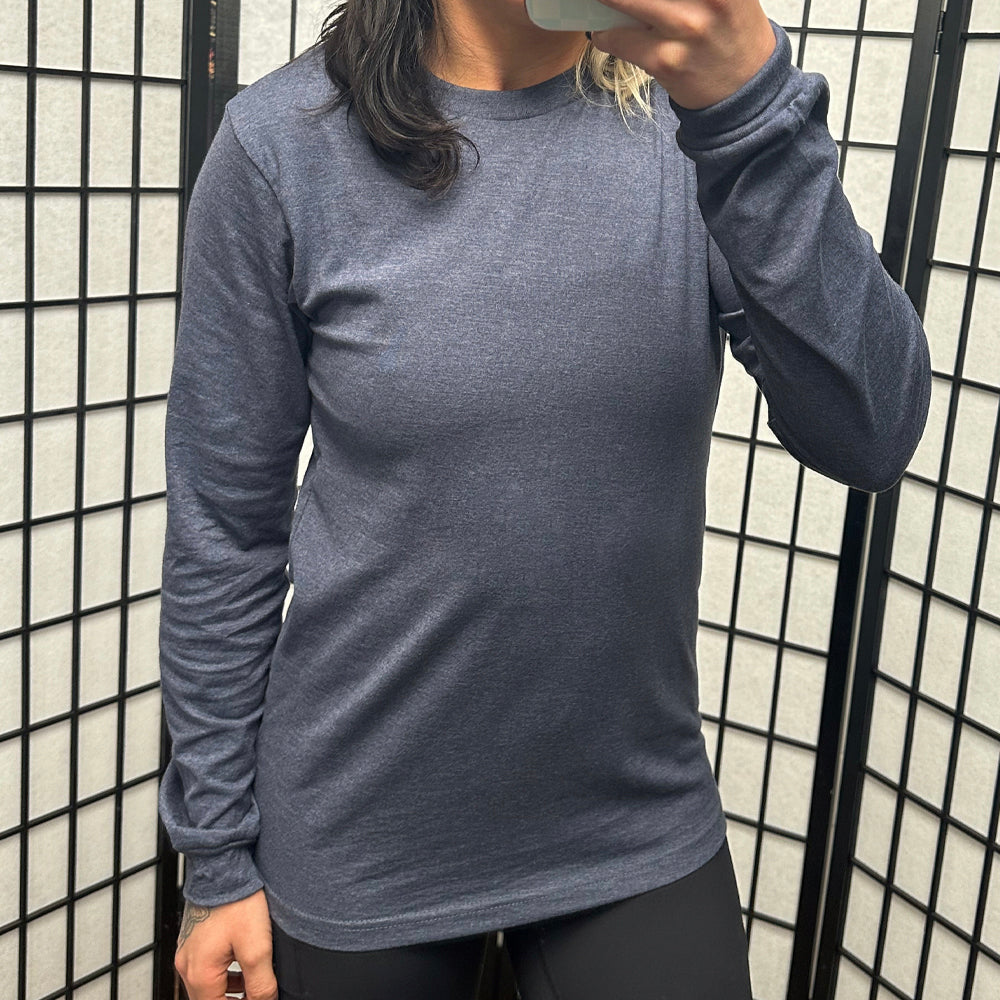 model wearing the Heather Navy Long Sleeve Tee