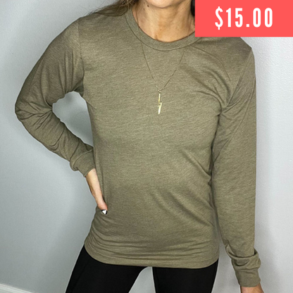 $15 heather olive long sleeve shirt