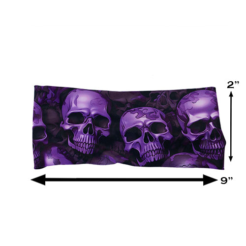 purple skull patterned headband measured at 2 by 9 inches