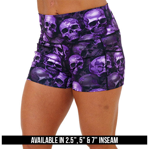 purple skull patterned shorts inseams