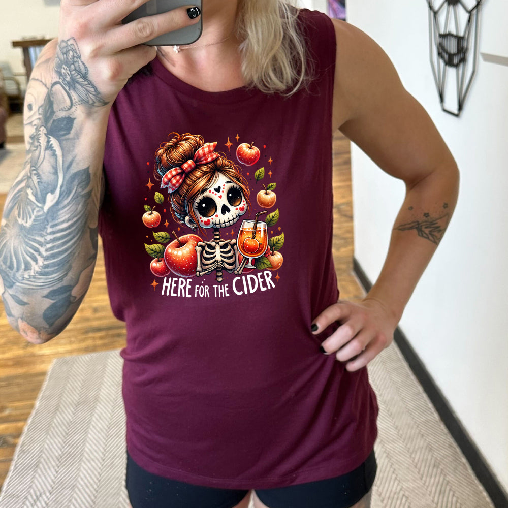 model wearing the maroon "Here For The Cider" Muscle Tank